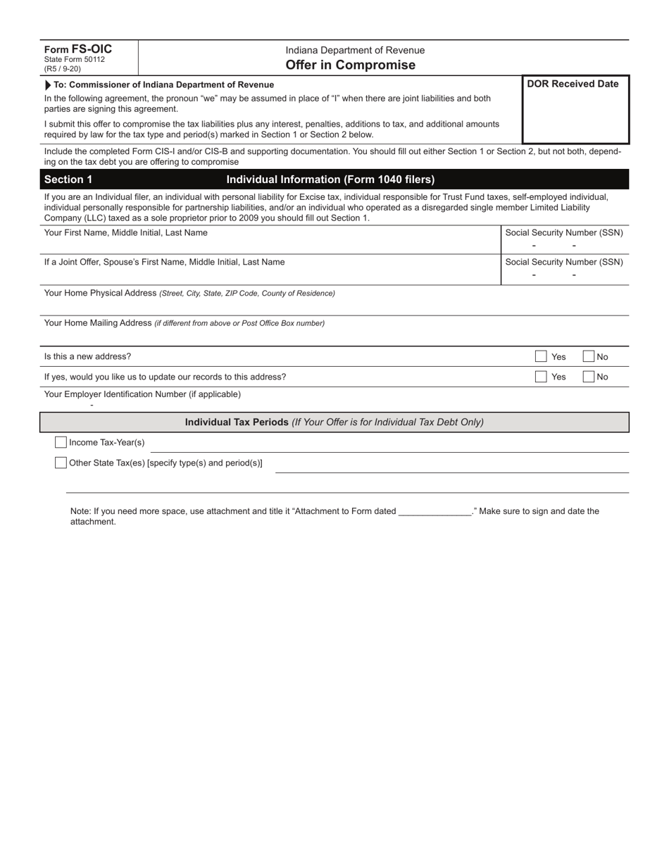 Form FS-OIC (State Form 50112) Offer in Compromise - Indiana, Page 1