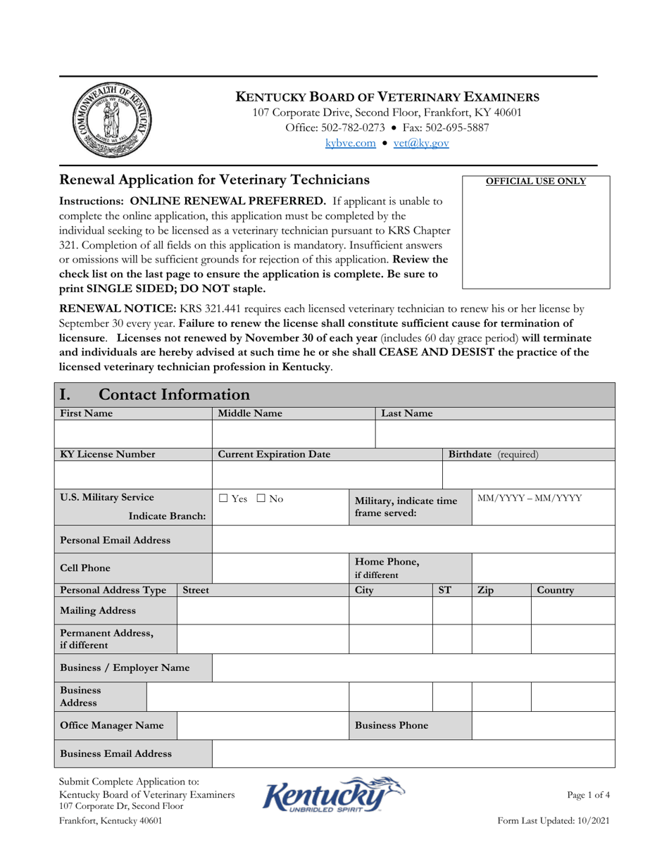 Renewal Application for Veterinary Technicians - Kentucky, Page 1