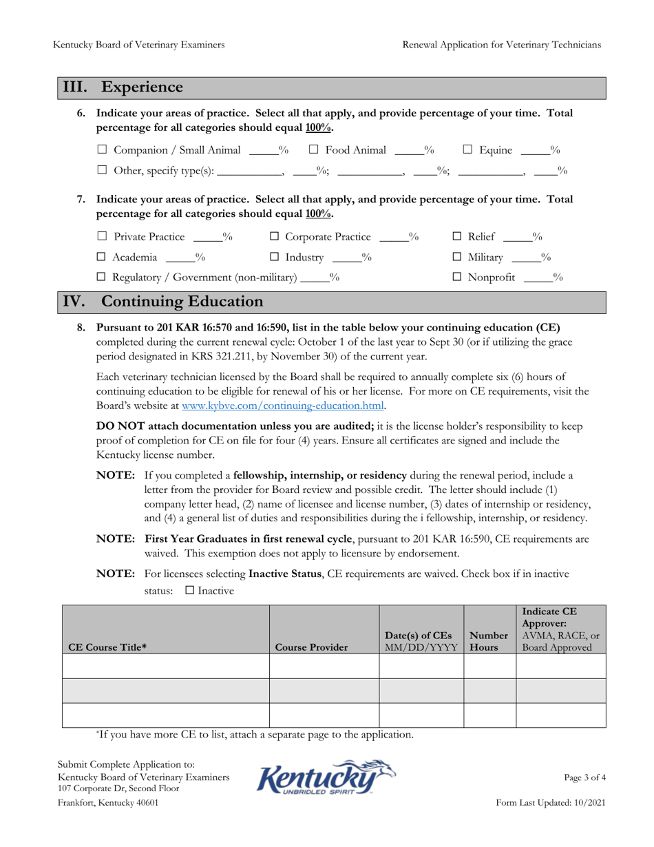 Renewal Application for Veterinary Technicians - Kentucky, Page 3