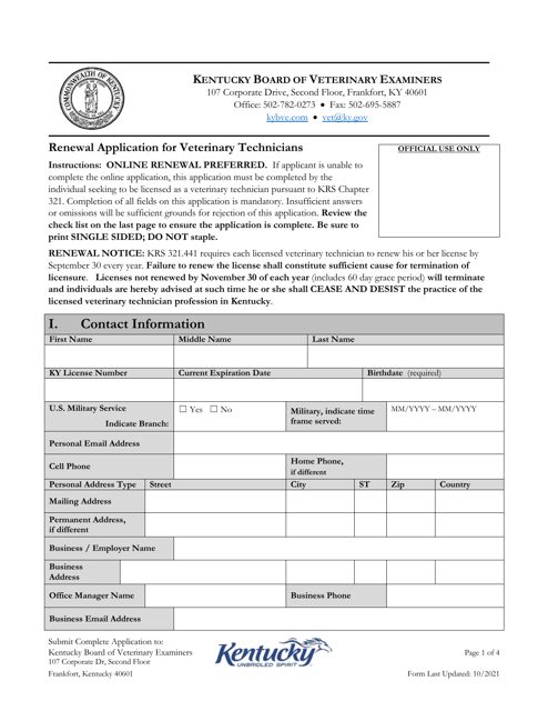 Renewal Application for Veterinary Technicians - Kentucky Download Pdf