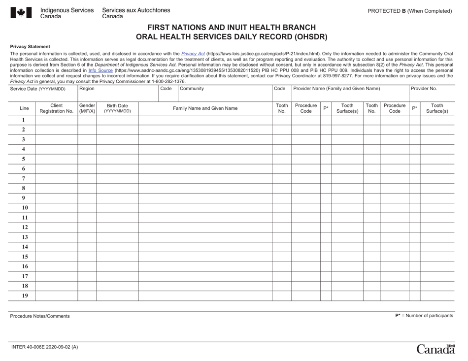 Form INTER40-006E First Nations and Inuit Health Branch Oral Health Services Daily Record (Ohsdr) - Canada, Page 1