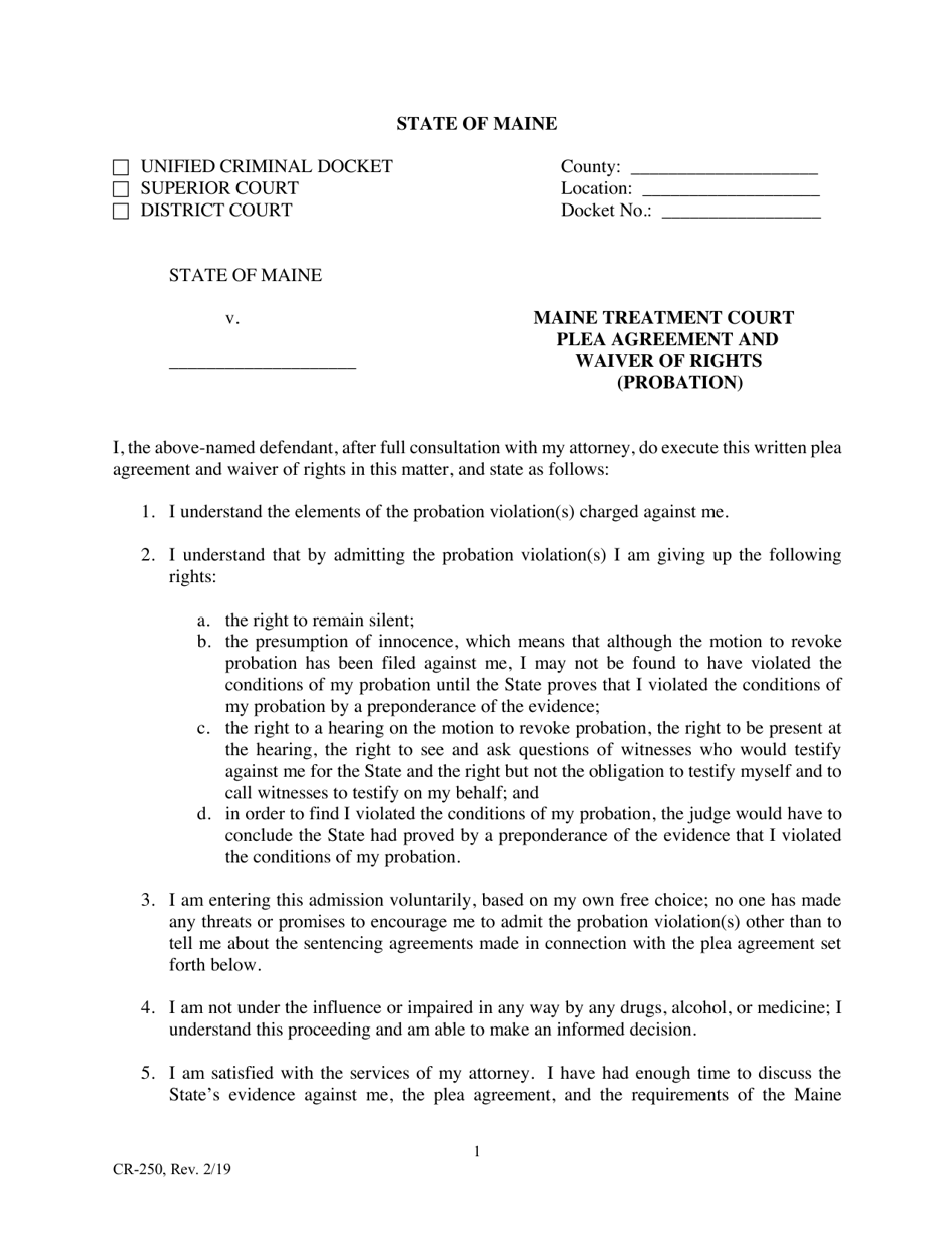Form CR-250 Maine Treatment Court Plea Agreement and Waiver of Rights (Probation) - Maine, Page 1