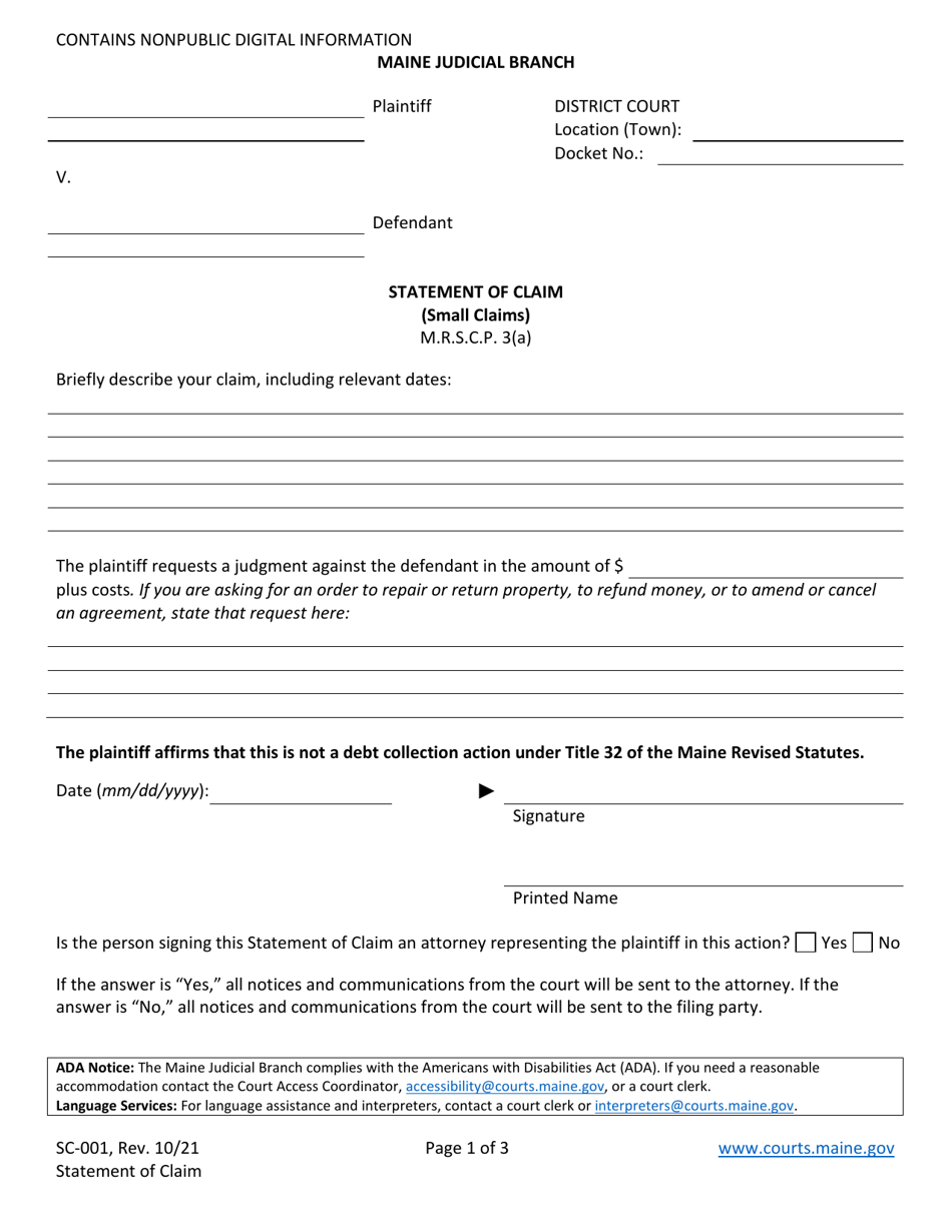 Form SC-001 Statement of Claim (Small Claims) - Maine, Page 1