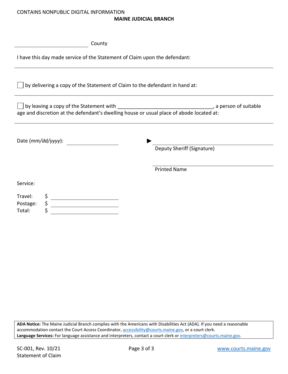 Form SC-001 Statement of Claim (Small Claims) - Maine, Page 3