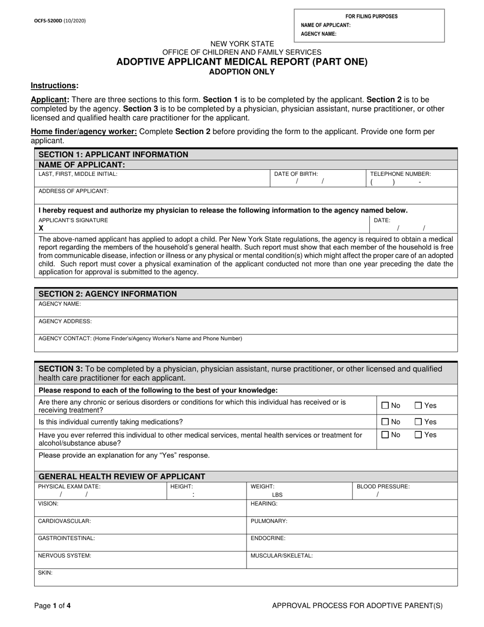Form OCFS-5200D Adoptive Applicant Medical Report - Adoption Only - New York, Page 1