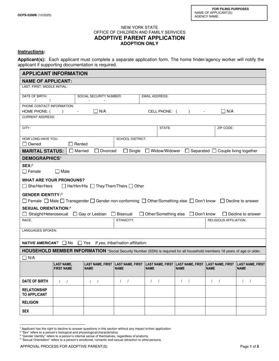 Form OCFS-5200B Adoptive Parent Application - Adoption Only - New York, Page 1