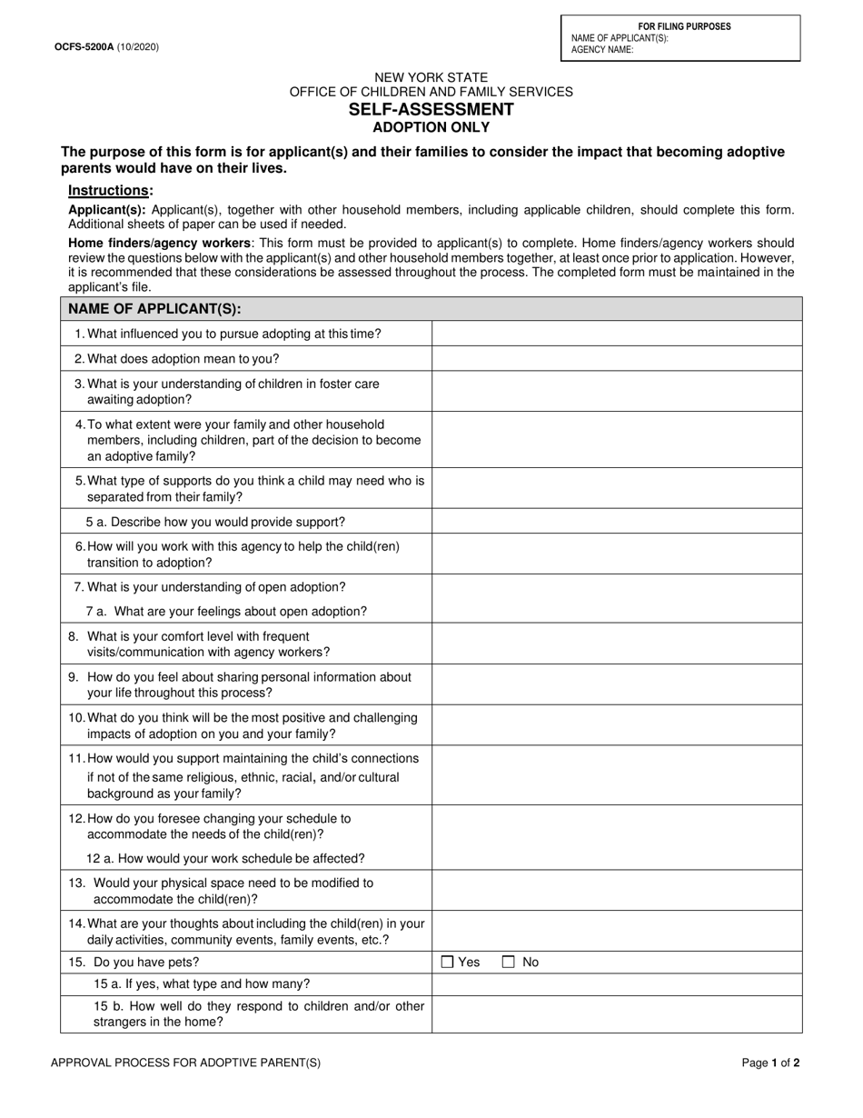 Form OCFS-5200A Self-assessment - Adoption Only - New York, Page 1