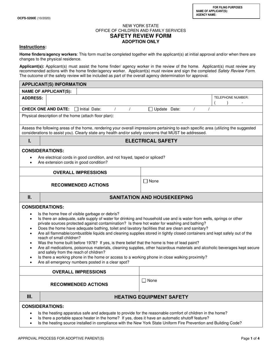 Form OCFS-5200E Safety Review Form - Adoption Only - New York, Page 1