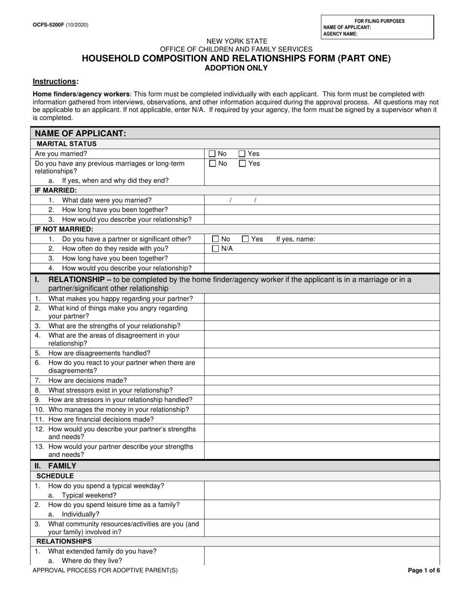 Form OCFS-5200F Household Composition and Relationships Form - Adoption Only - New York, Page 1