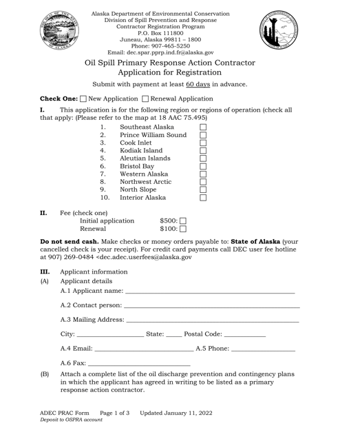Oil Spill Primary Response Action Contractor Application for Registration - Alaska Download Pdf