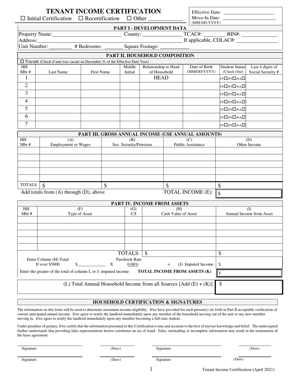Tenant Income Certification - California, Page 1