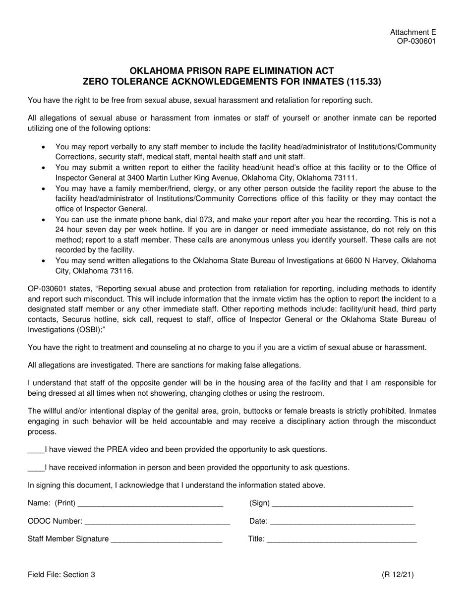 Form OP-030601 Attachment E Oklahoma Prison Rape Elimination Act Zero Tolerance Acknowledgement for Inmates - Oklahoma, Page 1
