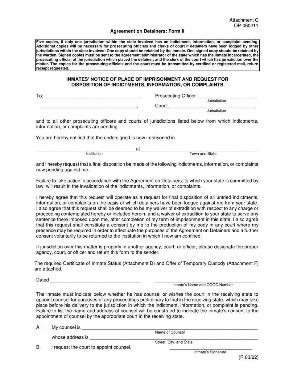 Form II (OP-060211) Attachment C Agreement on Detainers - Inmates Notice of Place of Imprisonment and Request for Disposition of Indictments, Information, or Complaints - Oklahoma, Page 1