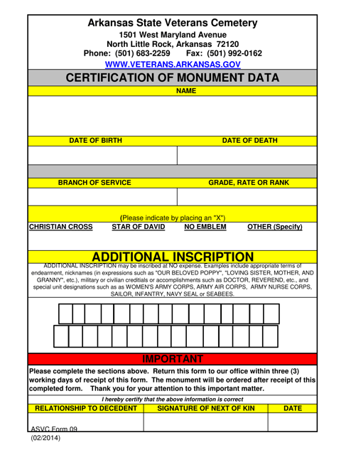 ASVC Form 09 Certification of Monument Data - Arkansas