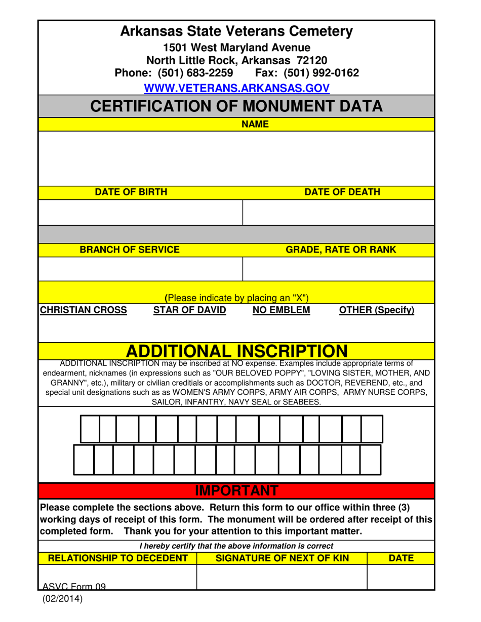 ASVC Form 09 Certification of Monument Data - Arkansas, Page 1