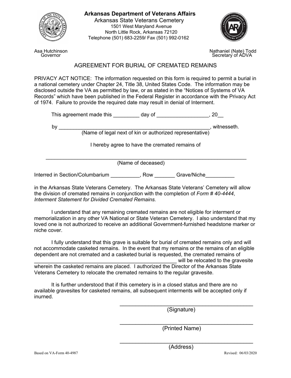 Agreement for Burial of Cremated Remains - Arkansas, Page 1