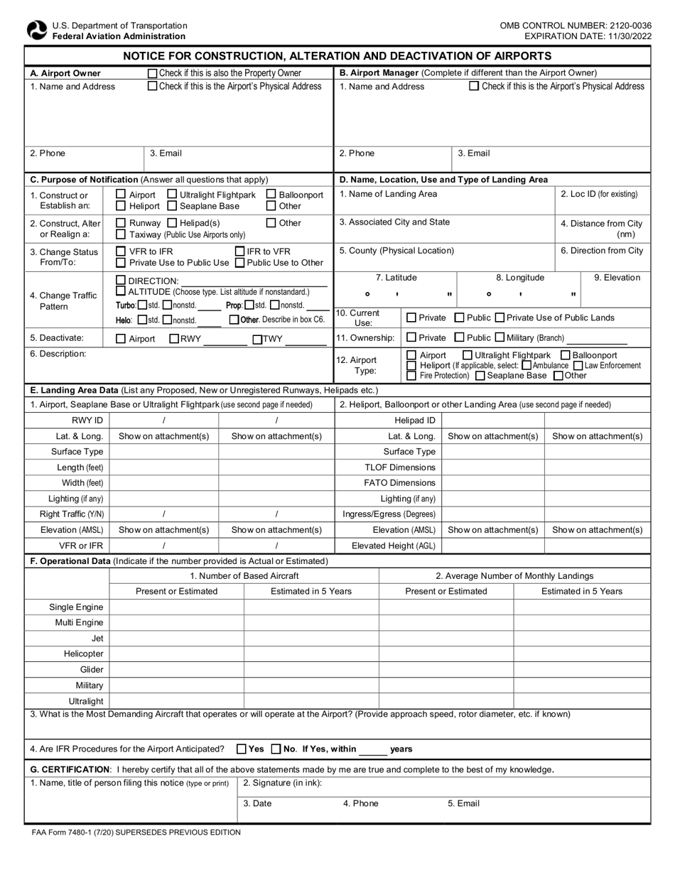 Faa Form 7480-1 - Fill Out, Sign Online And Download Fillable Pdf 