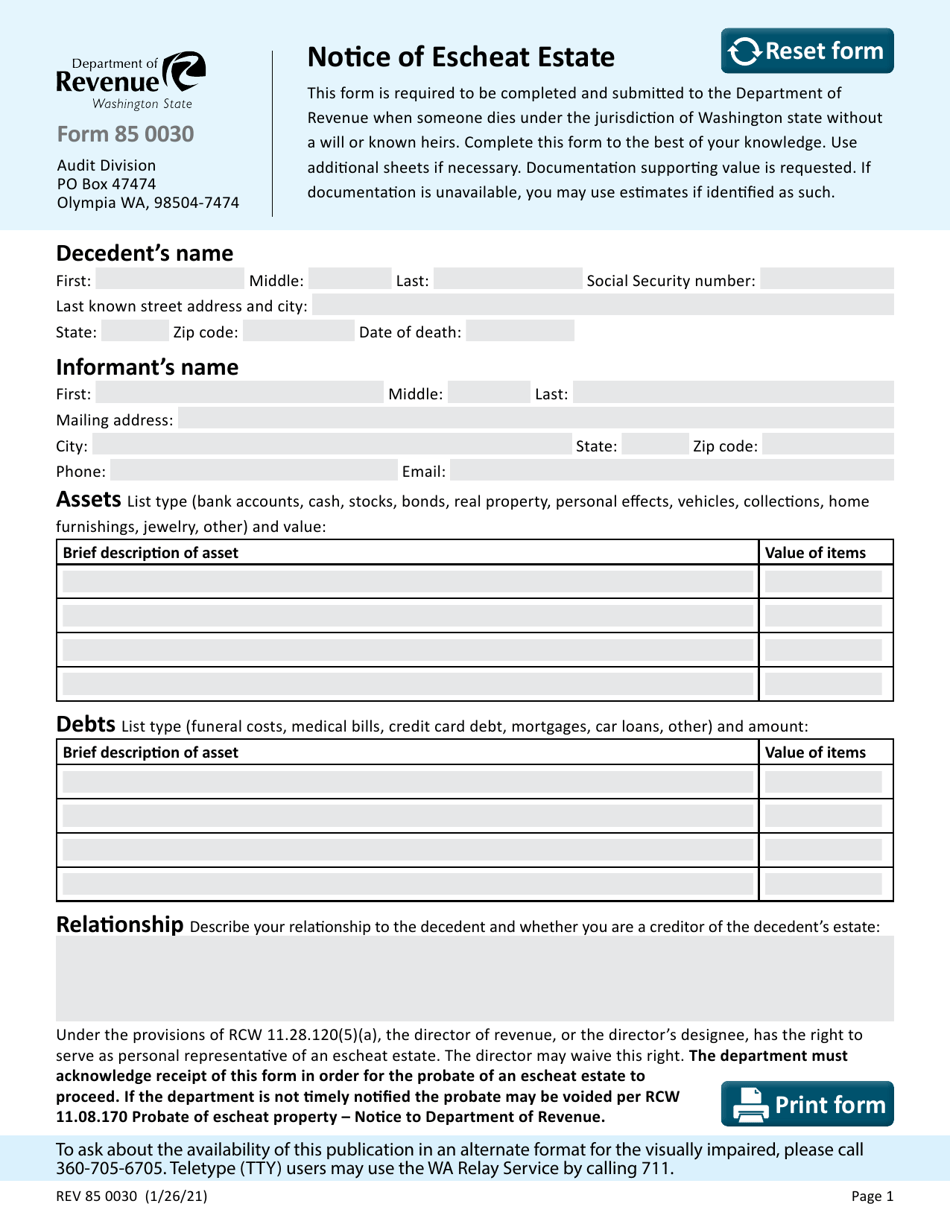 Form REV85 0030 Notice of Escheat Estate - Washington, Page 1