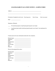 Document preview: Lead Hazard Evaluation Notice - Sample Form - Kentucky