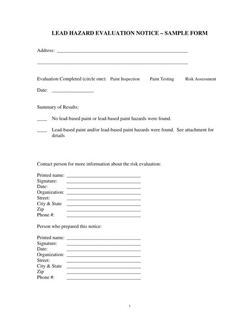 Lead Hazard Evaluation Notice - Sample Form - Kentucky Download Pdf