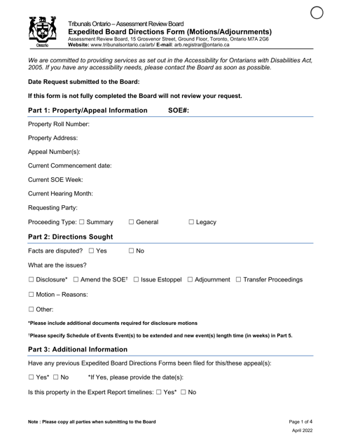 Expedited Board Directions Form (Motions / Adjournments) - Ontario, Canada Download Pdf