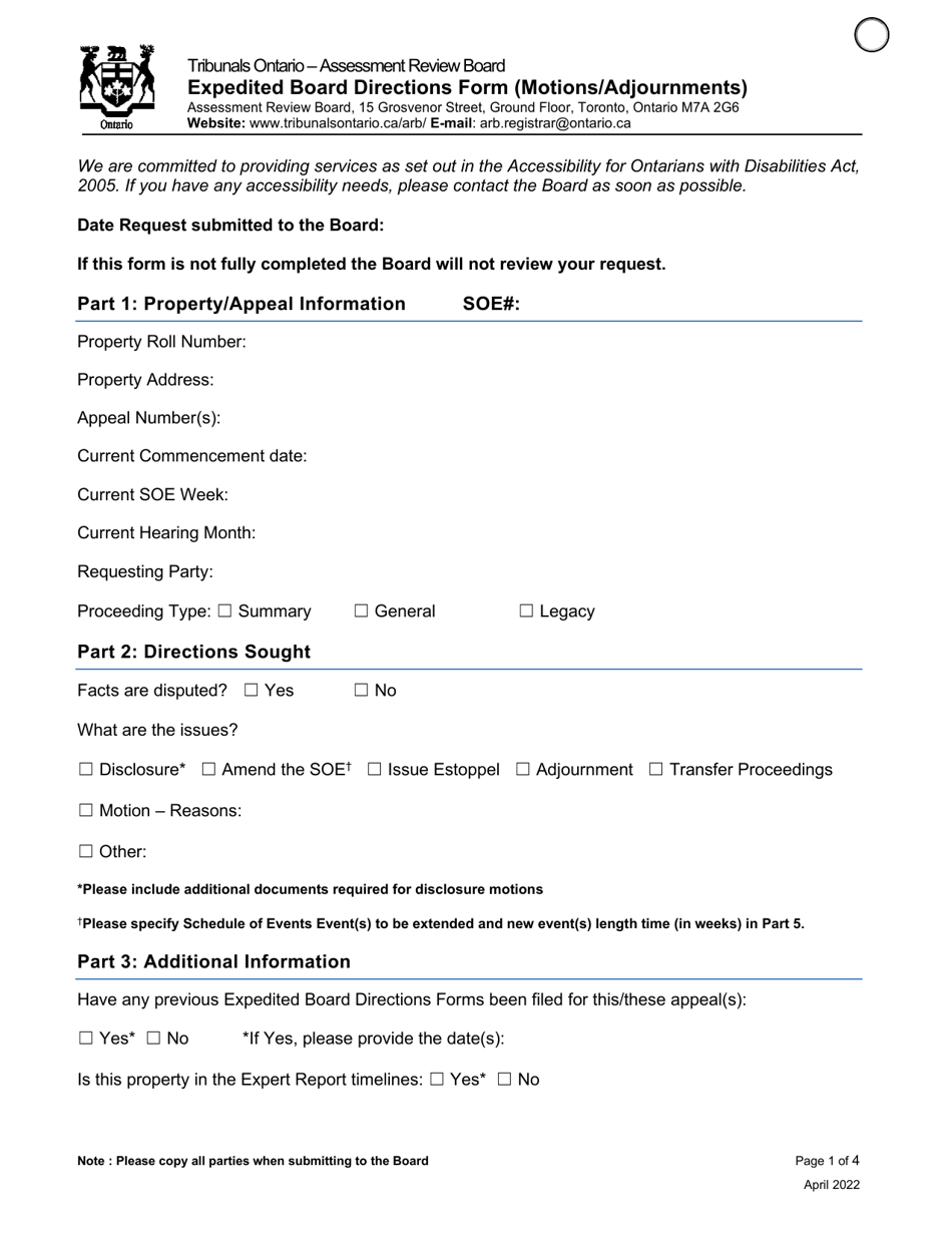 Expedited Board Directions Form (Motions / Adjournments) - Ontario, Canada, Page 1