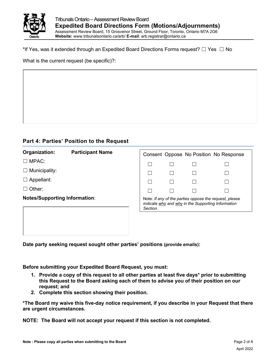 Expedited Board Directions Form (Motions / Adjournments) - Ontario, Canada, Page 2