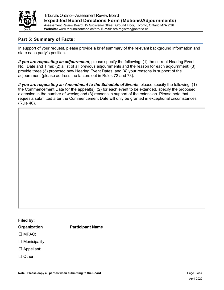 Expedited Board Directions Form (Motions / Adjournments) - Ontario, Canada, Page 3