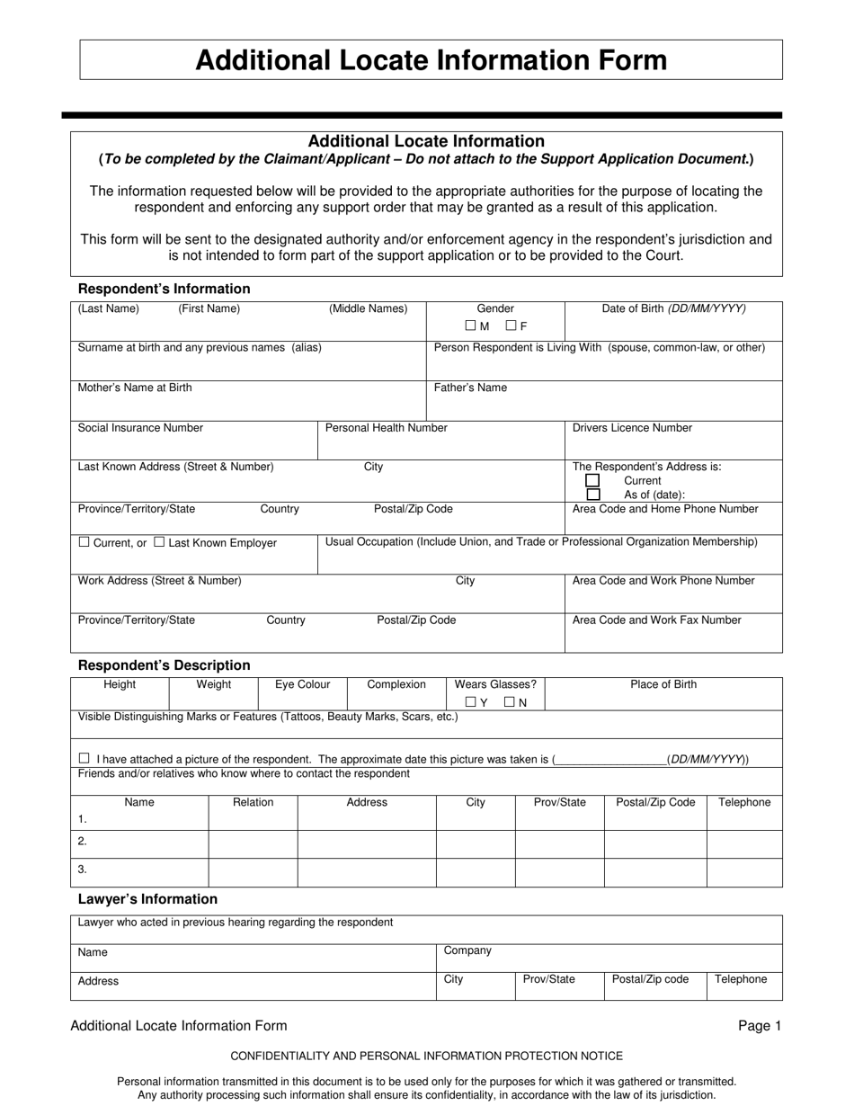 Additional Locate Information Form - Alberta, Canada, Page 1