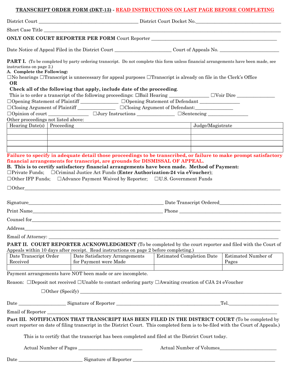 Form DKT-13 Transcript Order Form, Page 1