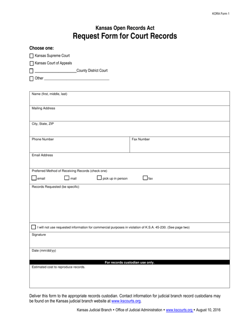 KORA Form 1 Request Form for Court Records - Kansas