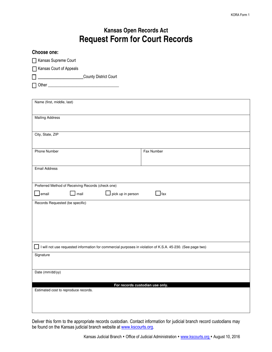 KORA Form 1 Request Form for Court Records - Kansas, Page 1