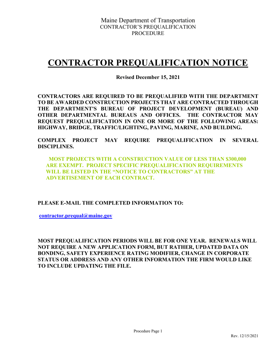 Contractor Prequalification Application - Maine, Page 1