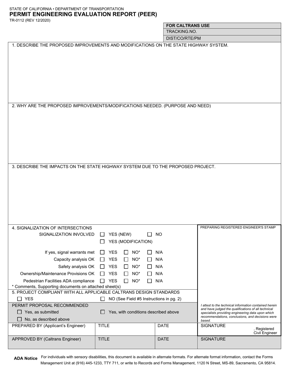 Form TR-0112 Permit Engineering Evaluation Report (Peer) - California, Page 1