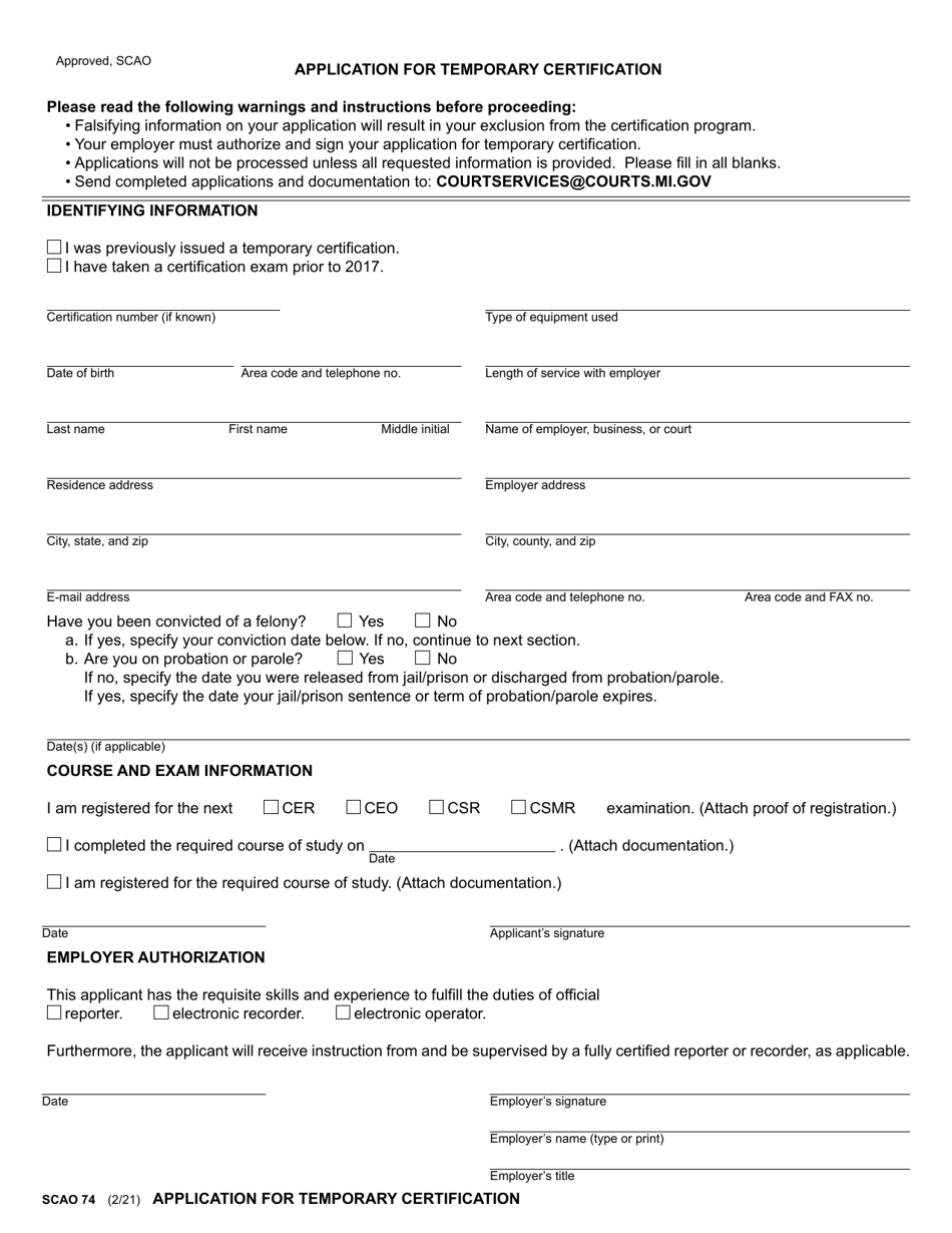 Form SCAO74 Application for Temporary Certification - Michigan, Page 1