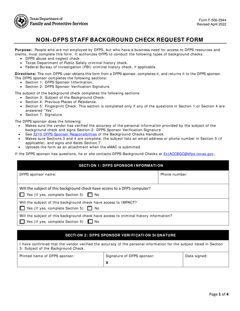 Form F-500-2944 Non-dfps Staff Background Check Request Form - Texas