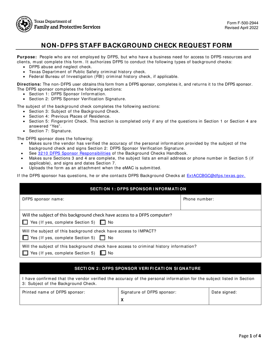 Form F-500-2944 Non-dfps Staff Background Check Request Form - Texas, Page 1