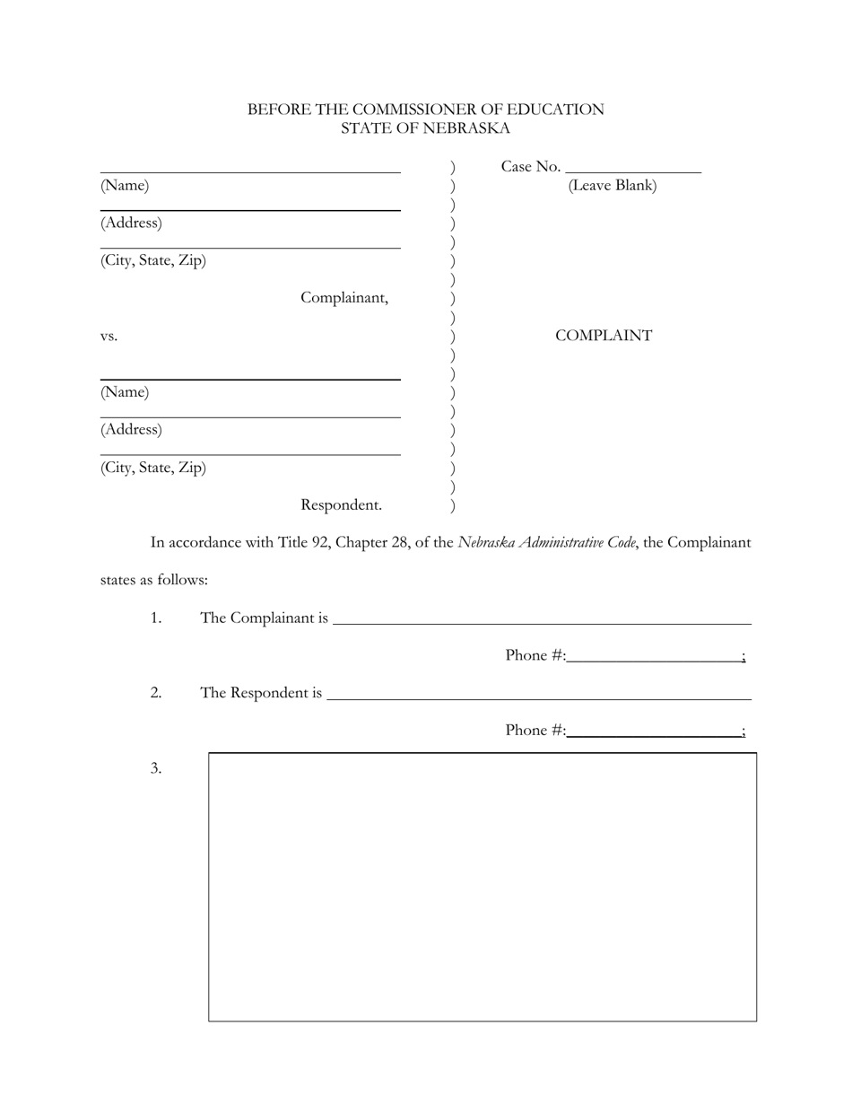 Complaint Form - Nebraska, Page 1