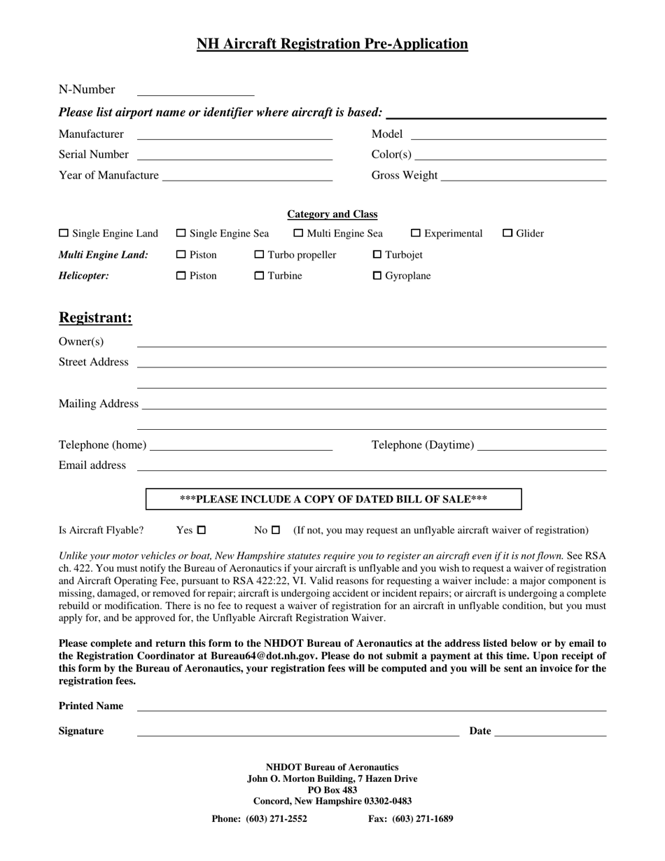 Nh Aircraft Registration Pre-application - New Hampshire, Page 1