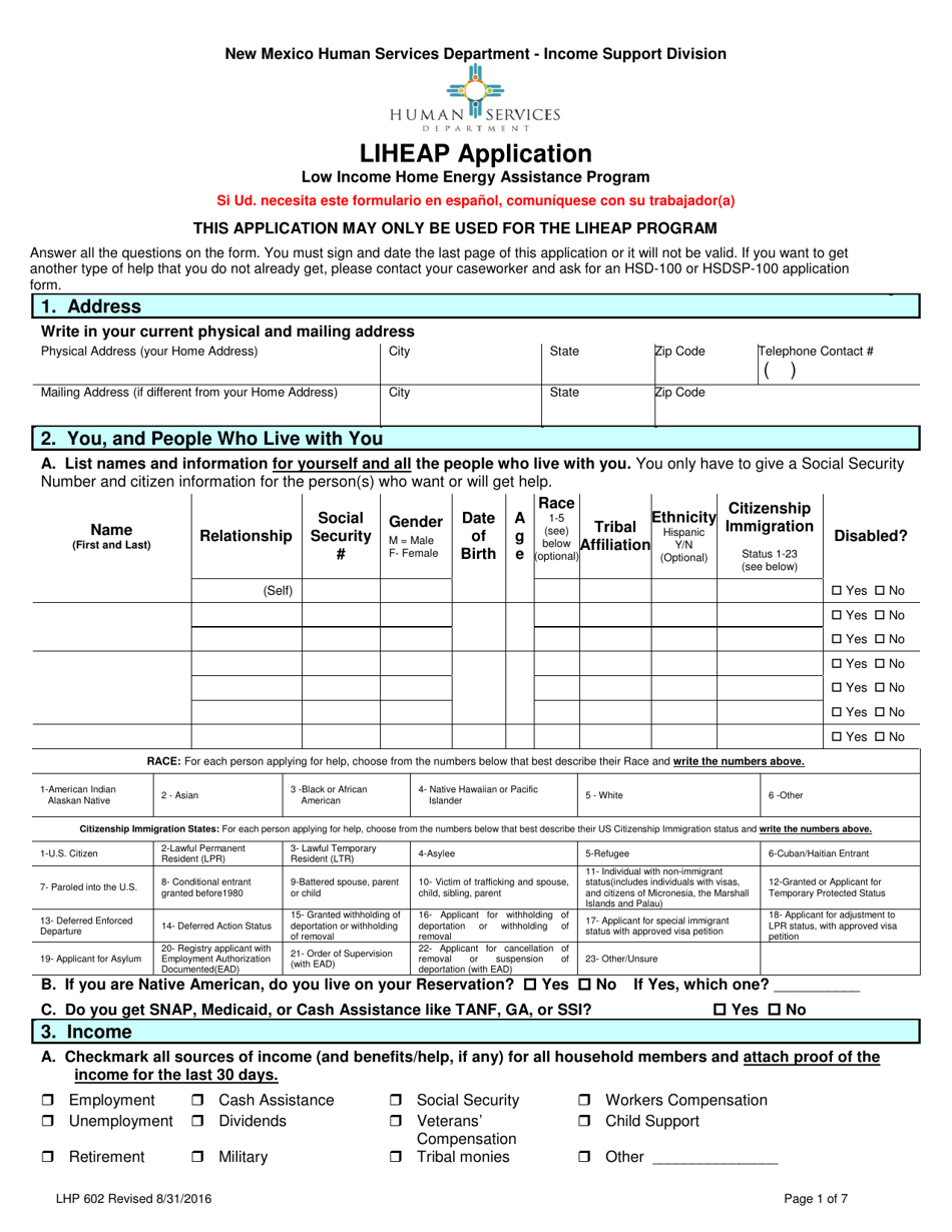 Form LHP602 Low Income Home Energy Assistance Program Application - New Mexico, Page 1