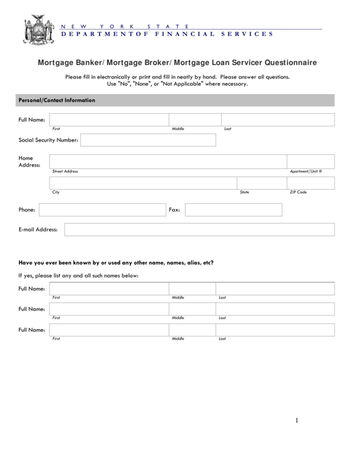 Mortgage Banker / Mortgage Broker / Mortgage Loan Servicer Questionnaire - New York Download Pdf