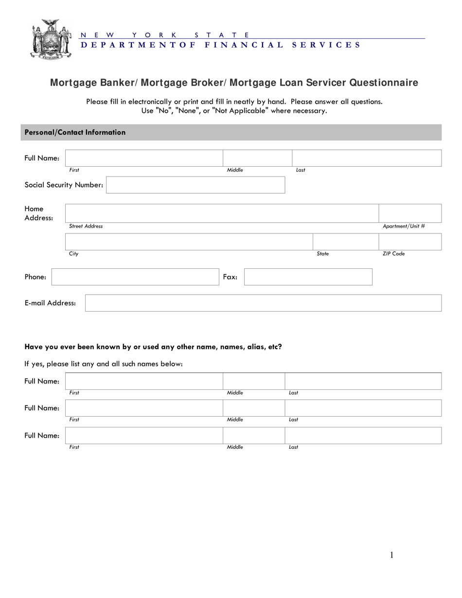 New York Mortgage Banker/Mortgage Broker/Mortgage Loan Servicer