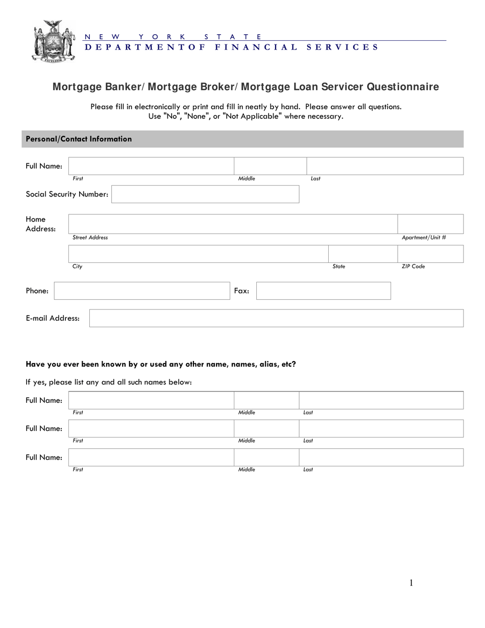 Mortgage Banker / Mortgage Broker / Mortgage Loan Servicer Questionnaire - New York, Page 1