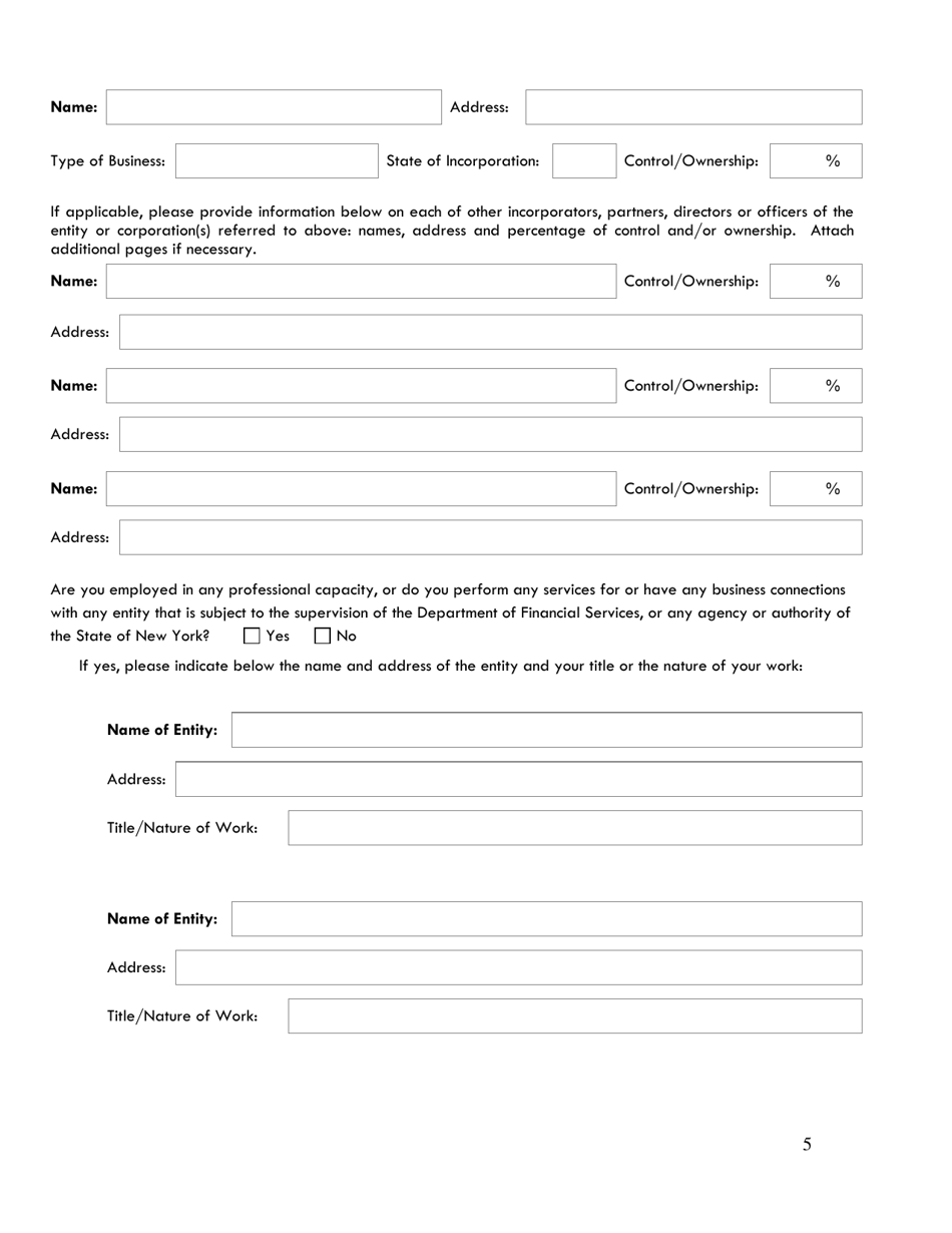 Mortgage Banker / Mortgage Broker / Mortgage Loan Servicer Questionnaire - New York, Page 5