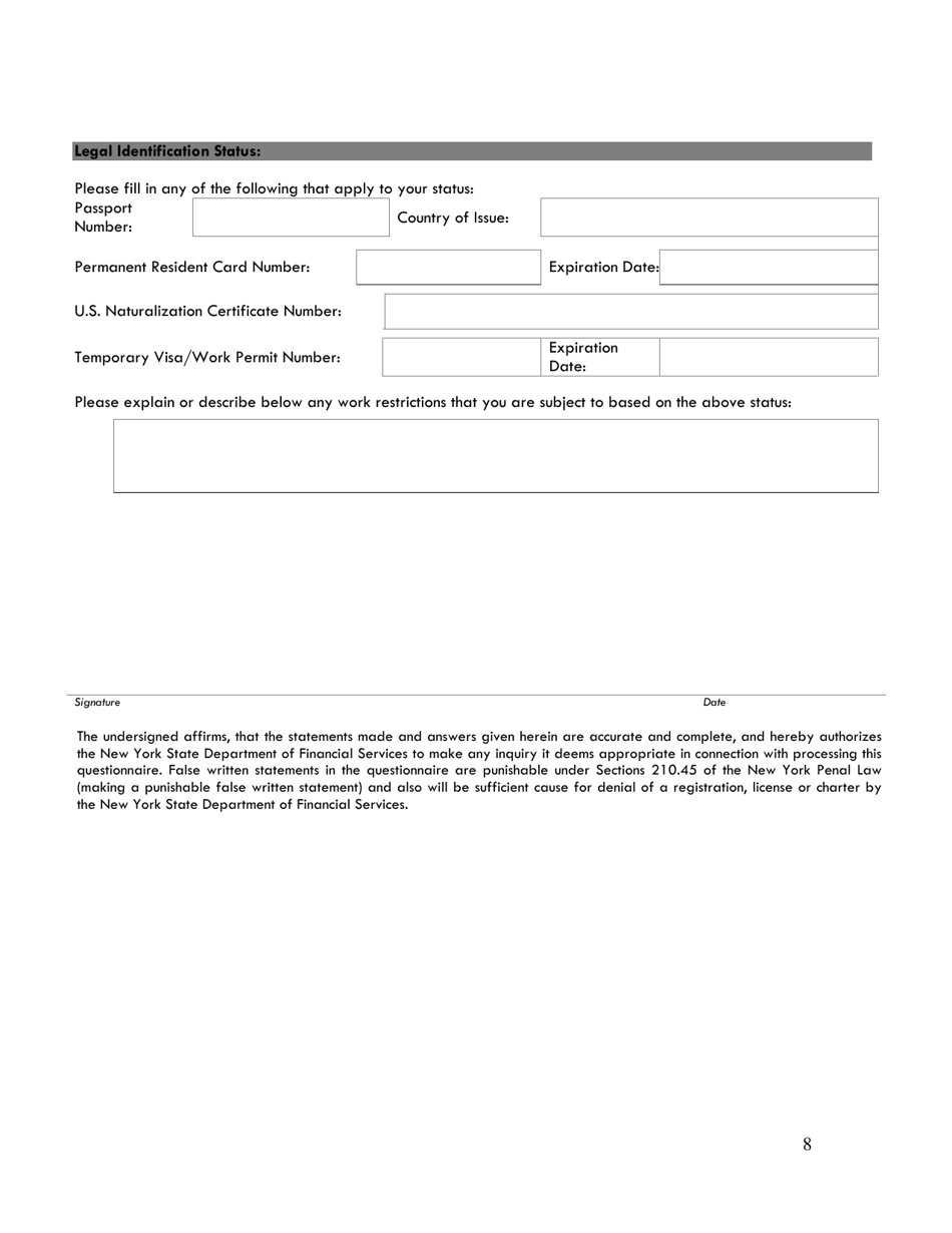 Mortgage Banker / Mortgage Broker / Mortgage Loan Servicer Questionnaire - New York, Page 8