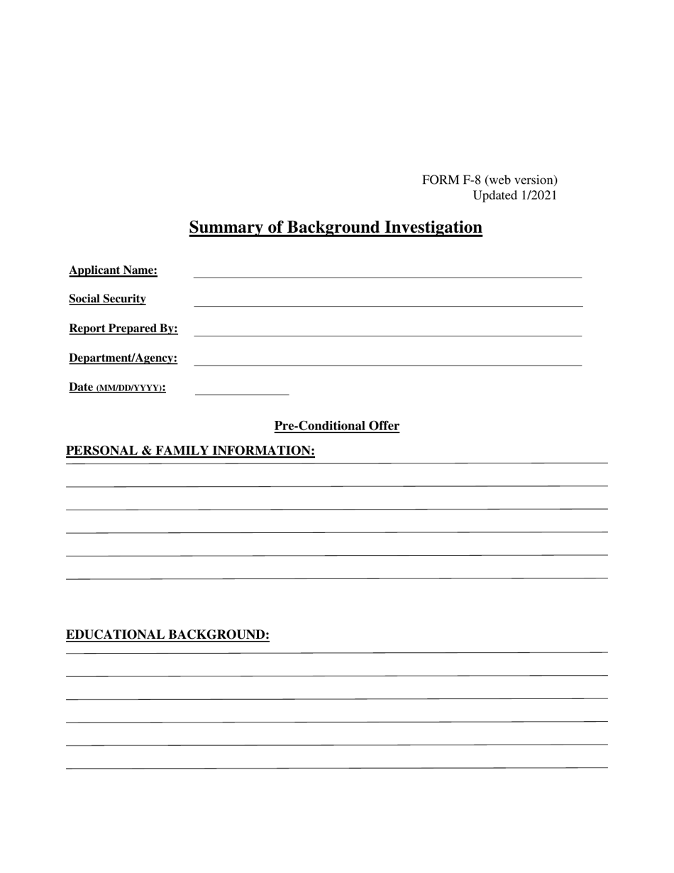 Form F-8 Summary of Background Investigation - North Carolina, Page 1