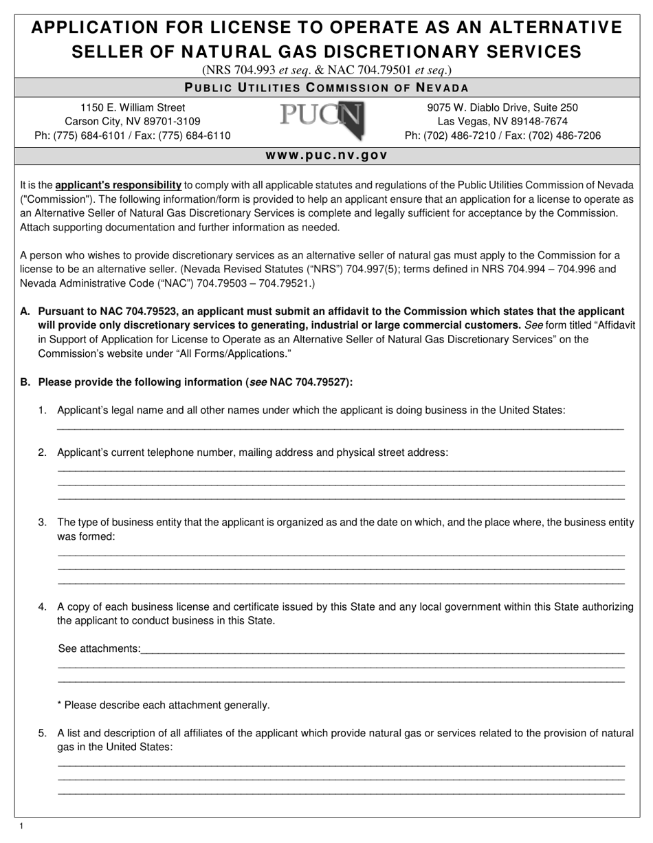 Application for License to Operate as an Alternative Seller of Natural Gas Discretionary Services - Nevada, Page 1