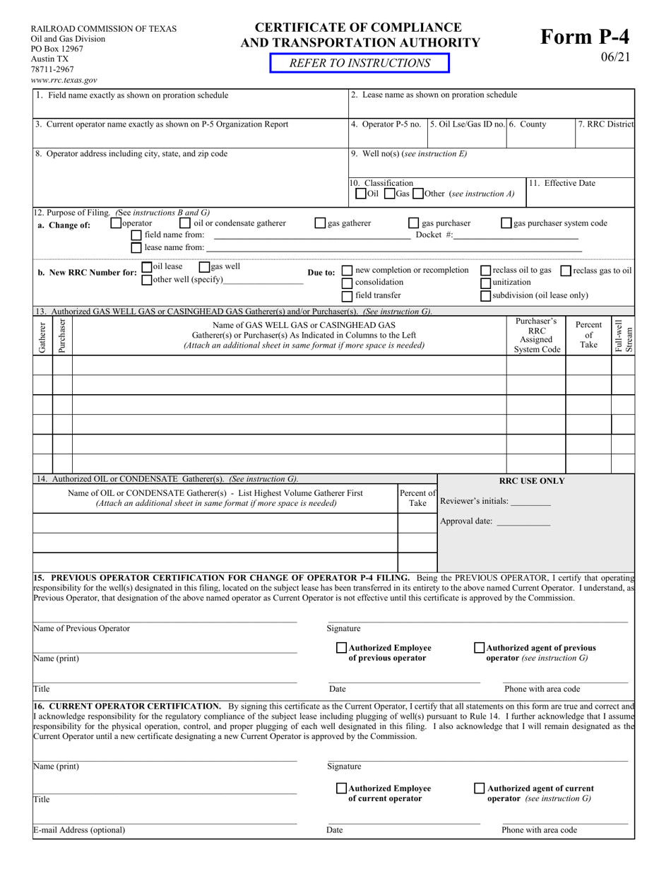 Form P-4 Certificate of Compliance and Transportation Authority - Texas, Page 1