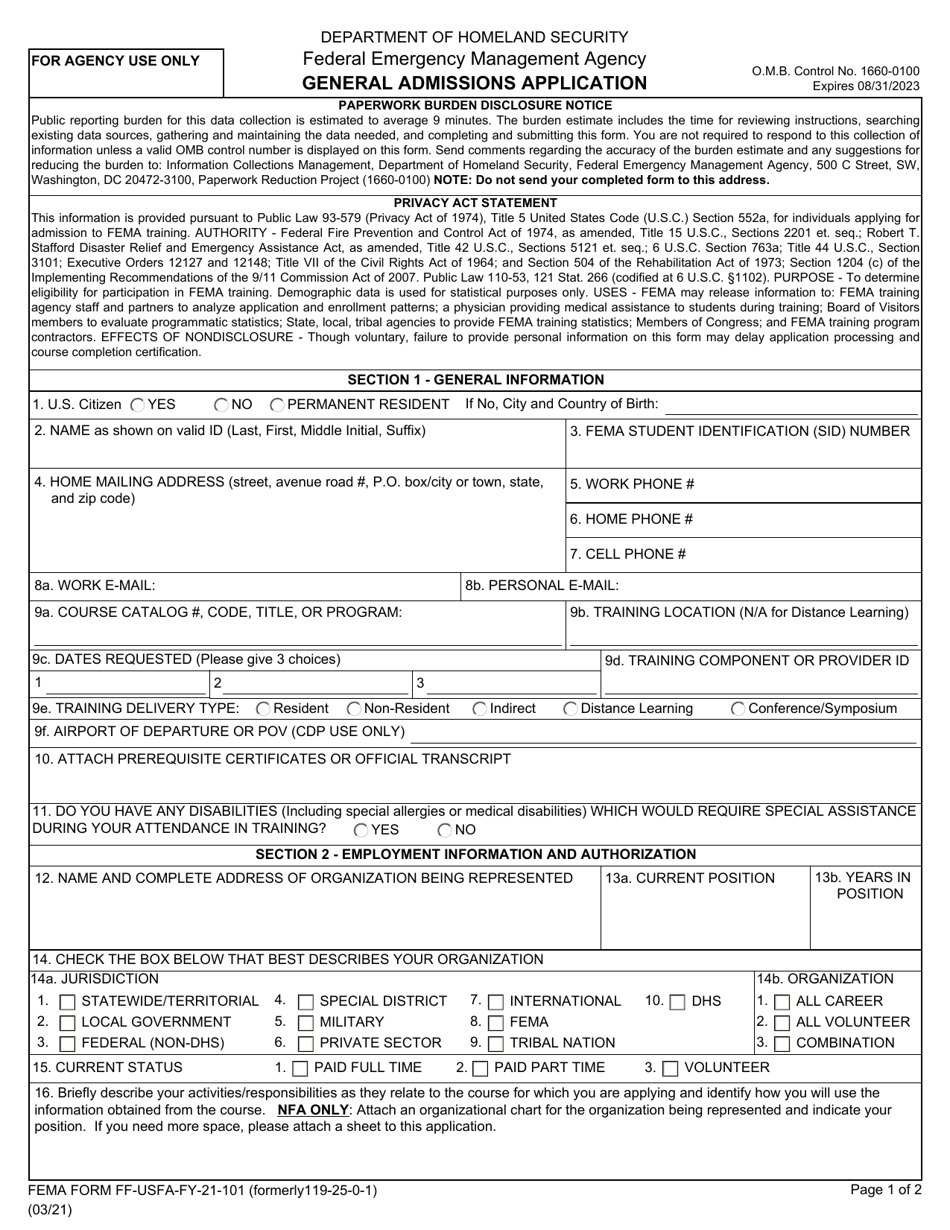 FEMA Form FF-USFA-FY-21-101 General Admissions Application, Page 1