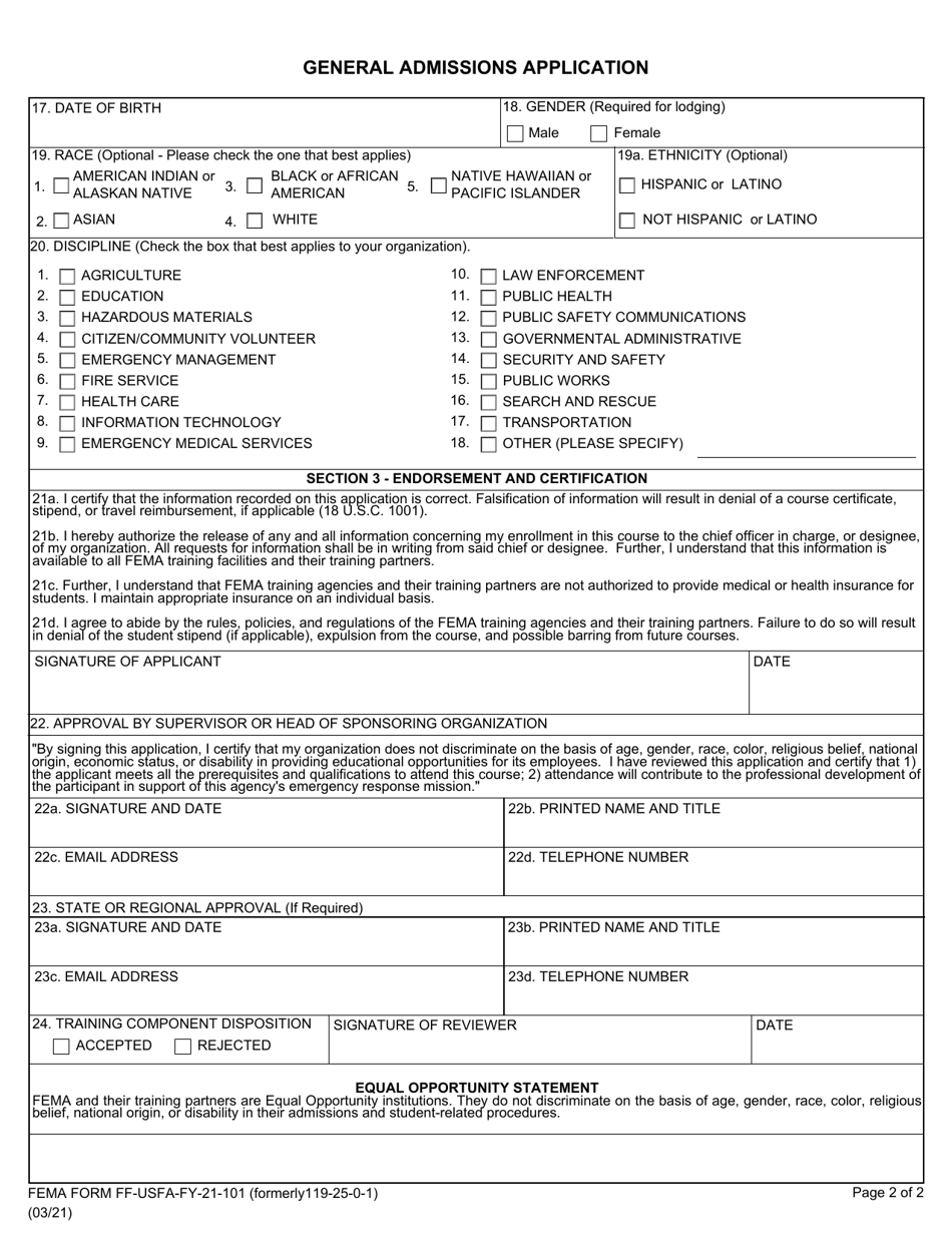 FEMA Form FF-USFA-FY-21-101 General Admissions Application, Page 2